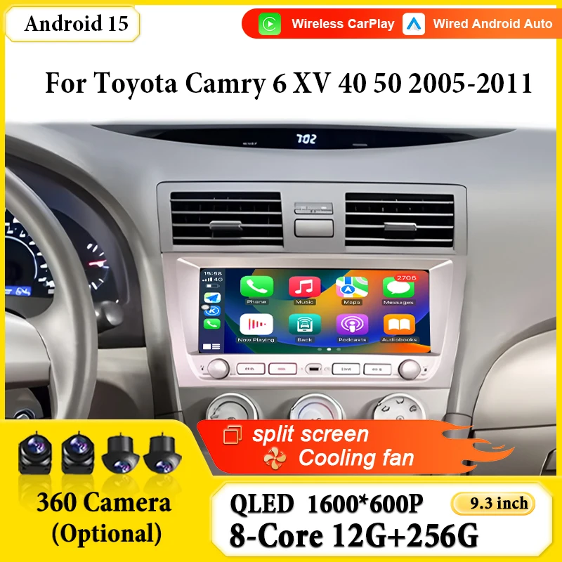 Radio de Auto con Android 15 de 9.3 Pulgadas para Toyota Camry 6 XV 40 50 2005-2011, Estéreo para Auto, DSP, Carplay, GPS, Navegación, Reproductor de Video, BT, WIFI