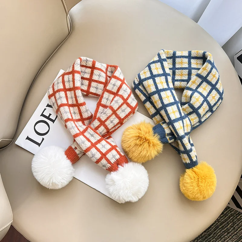 Winter Warm Plaid Pompom Baby Hat and Scarf Sets Kids Thick Soft Knitted Neckerchief Accessories Children Beanie Boys and Girls