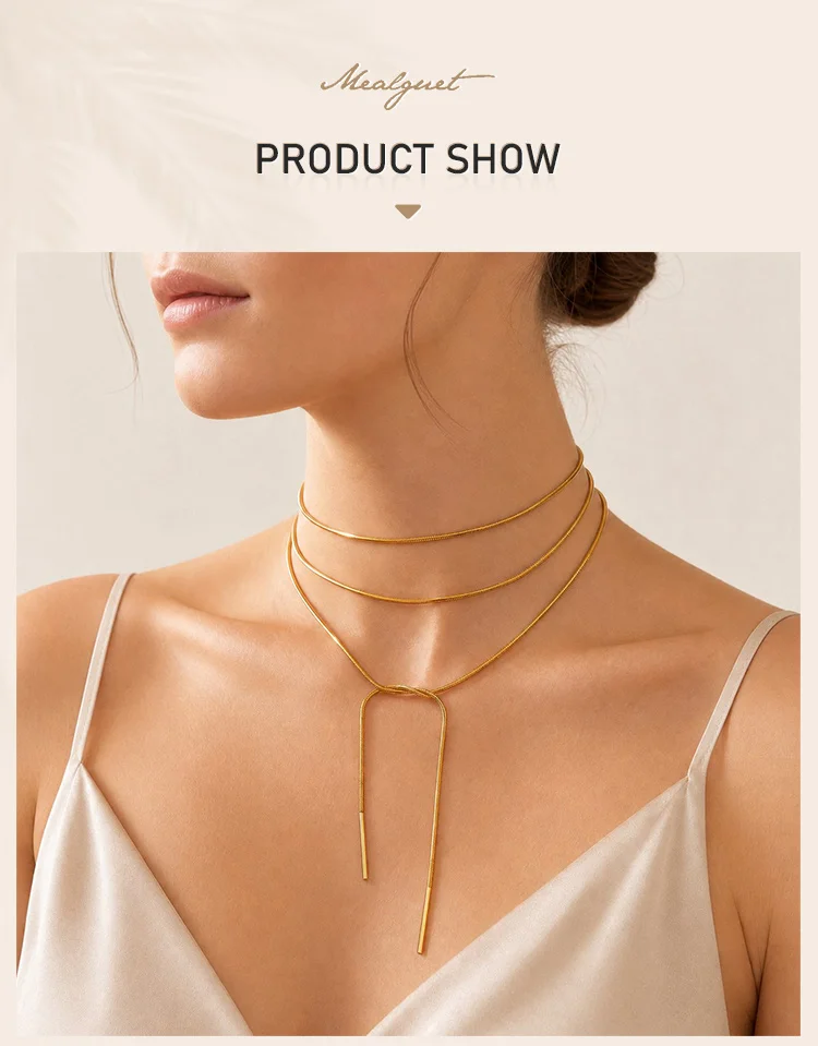 Mehrlagige Schlangenkette, Goldfarbenes Edelstahl, Mehrsträngiger Lariat-Stil Minimalistischer Schmuck – Detail 1