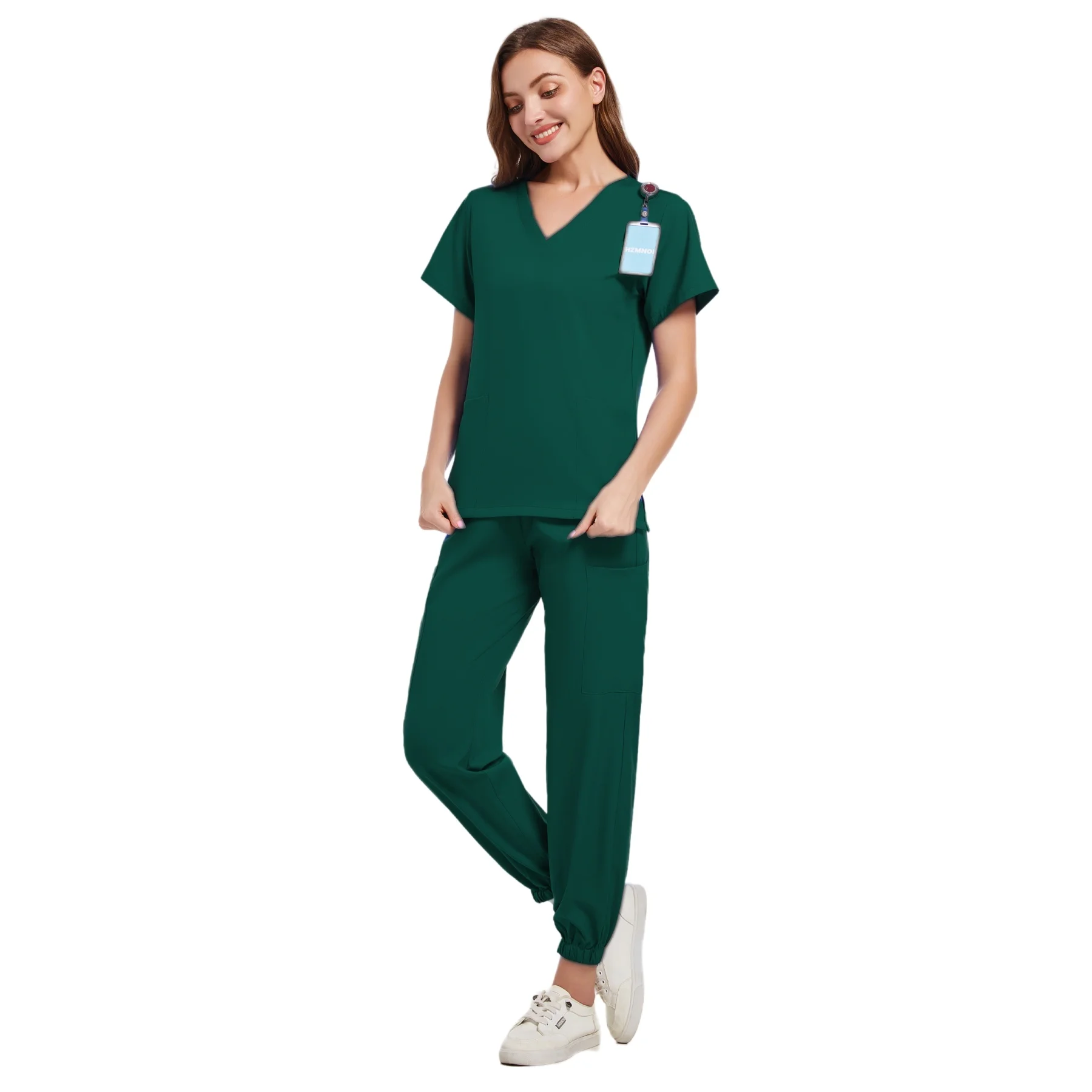 Conjunto Uniforme Esfrega Elástico feminino, Vestidos Cirúrgicos Hospitalares, Tops de Manga Curta, Terno de Calça Bocador, Roupas Médico, Acessórios Médicos