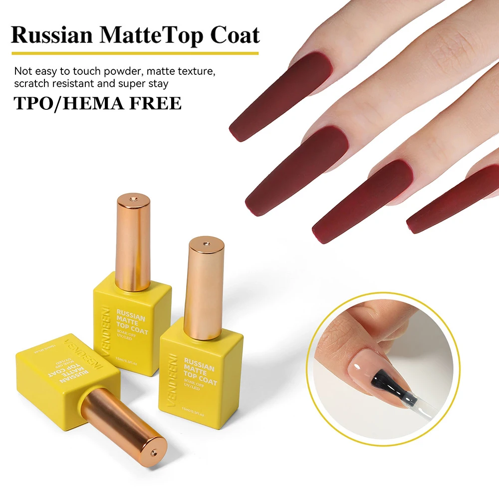 Vendeeni TPO HEMA FREE Russian Matte Top Coat Semi Permanent UV Soak Off Gel Nail Polish Frosted Non Stick Powder Matte Top Coat