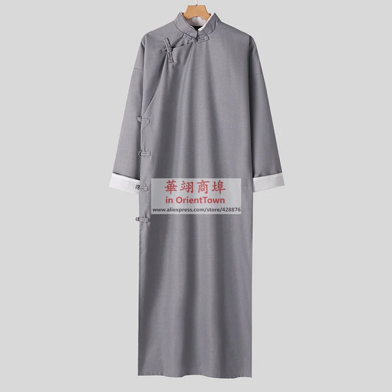 Chinese Traditional Long Robe Tang Suit Formal Stand Collar Cross Talk Costume Performance Practice Tai Ji Morning Exercise Gown