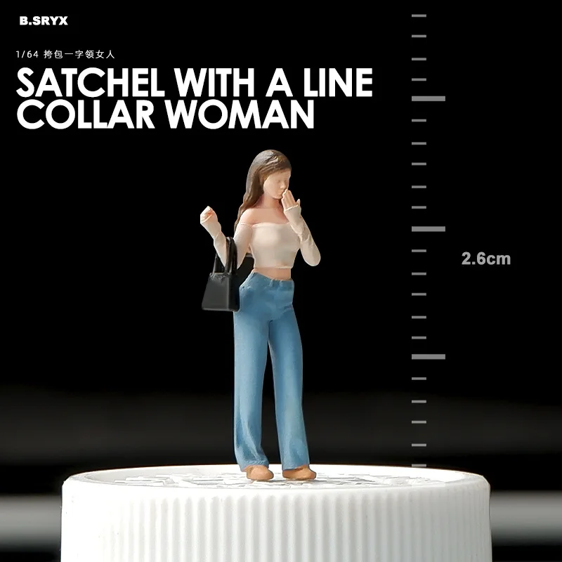 1:64 Scale Model Miniature Satchel With A Line Collar Women GIrls With Black Bag Action Figure Doll DIY Scene Accessory Display