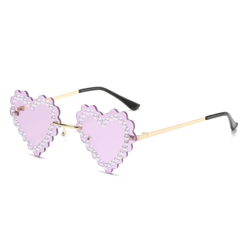 Fashion Sunglasses Women Heart Sun Glasses Rimless Adumbral Anti-UV Spectacles Trimmed Pearls Eyeglasses Ornamental