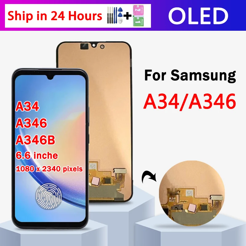 

OLED-дисплей 6,5 дюйма маленького размера для Samsung A34 Φ A346B A346U A346E, сенсорный ЖК-экран со сканером отпечатков пальцев, детали для ремонта дисплея