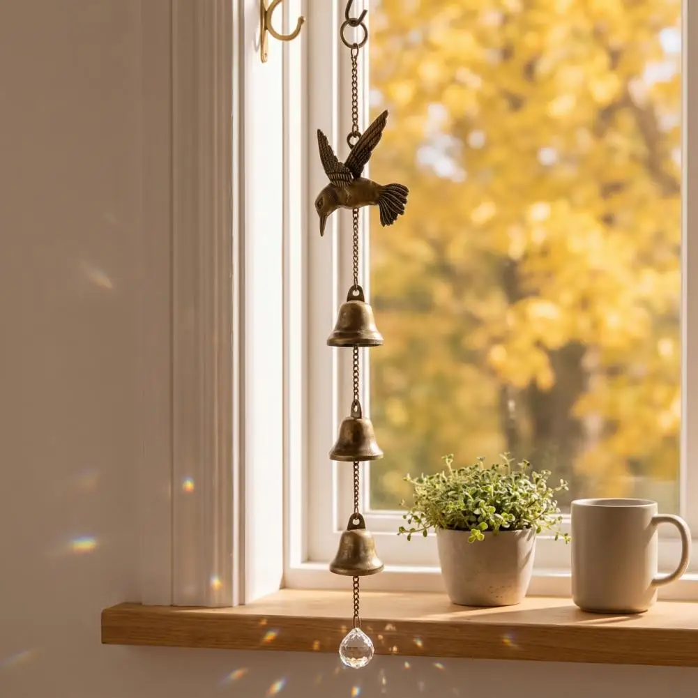 Vintage Hummingbird Wind Chime, Metal Hanging Ornament with Bells & Crystal Suncatcher, Rustic Wind Bell Garden Decor