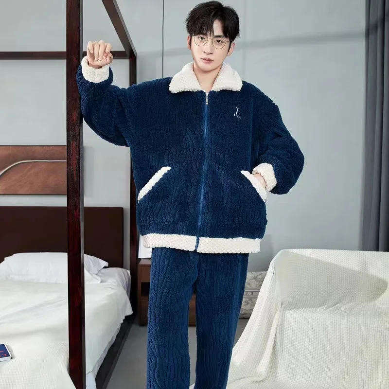 

Winter Coral Fleece Pajamas Men's Thickened Flannel Casual Home Clothes Set Outdoor Wearable Comfortable Sleepwear Set