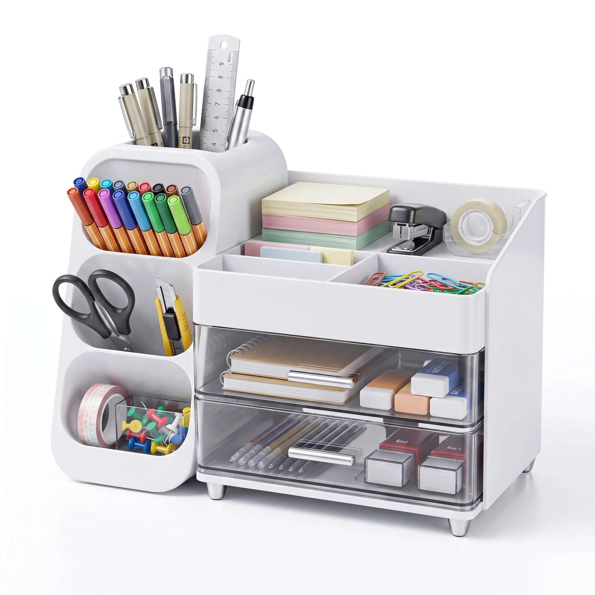 Desk Organizer with Pen Holder, 2 Drawers & 4 Compartments  Multifunctional Pen Holder Drawer Stationery Organizer Storage Desk Organizers Plastic Accessories Office School Supplies Plastic Desktop Storage for Office, School & College Supplies