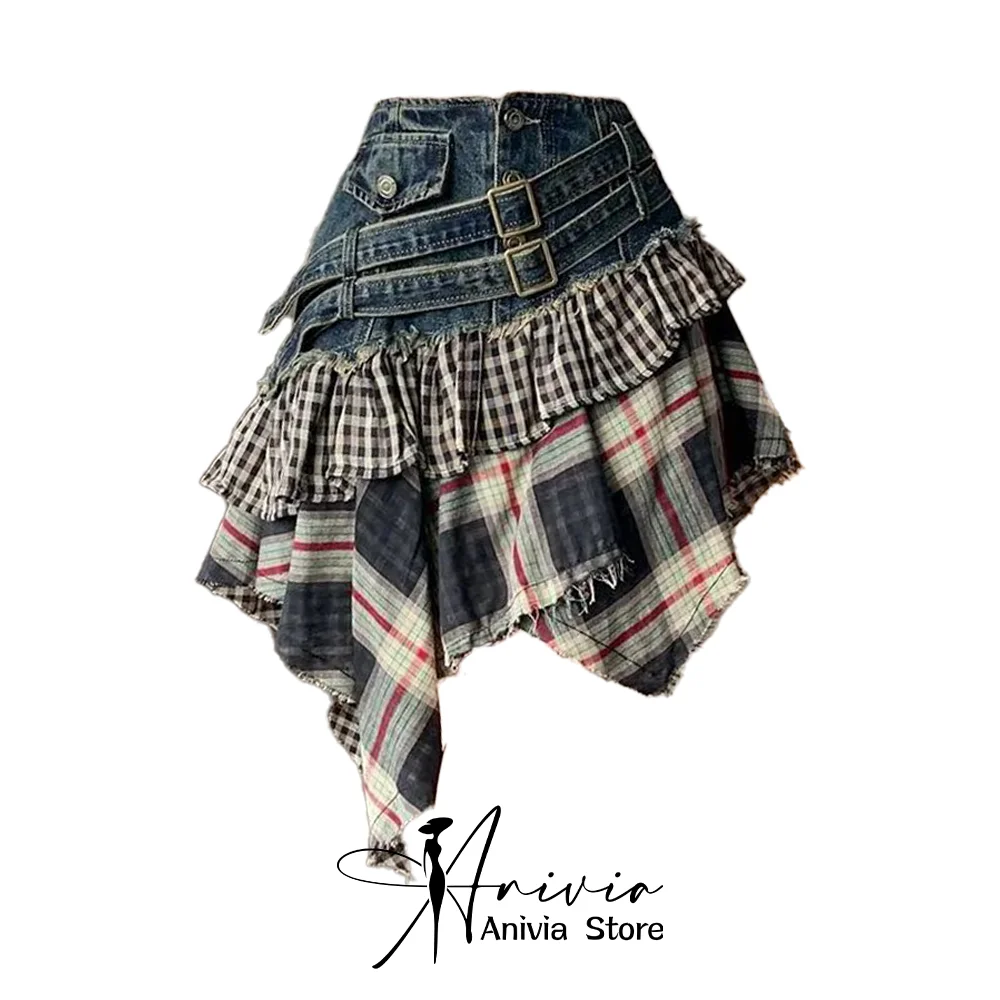 

Women's Casual Splicing Skirt High Street Y2K A-Line Mini Skirt with Asymmetrical Denim Mesh Retro Harajuku Fashion Short Skirts