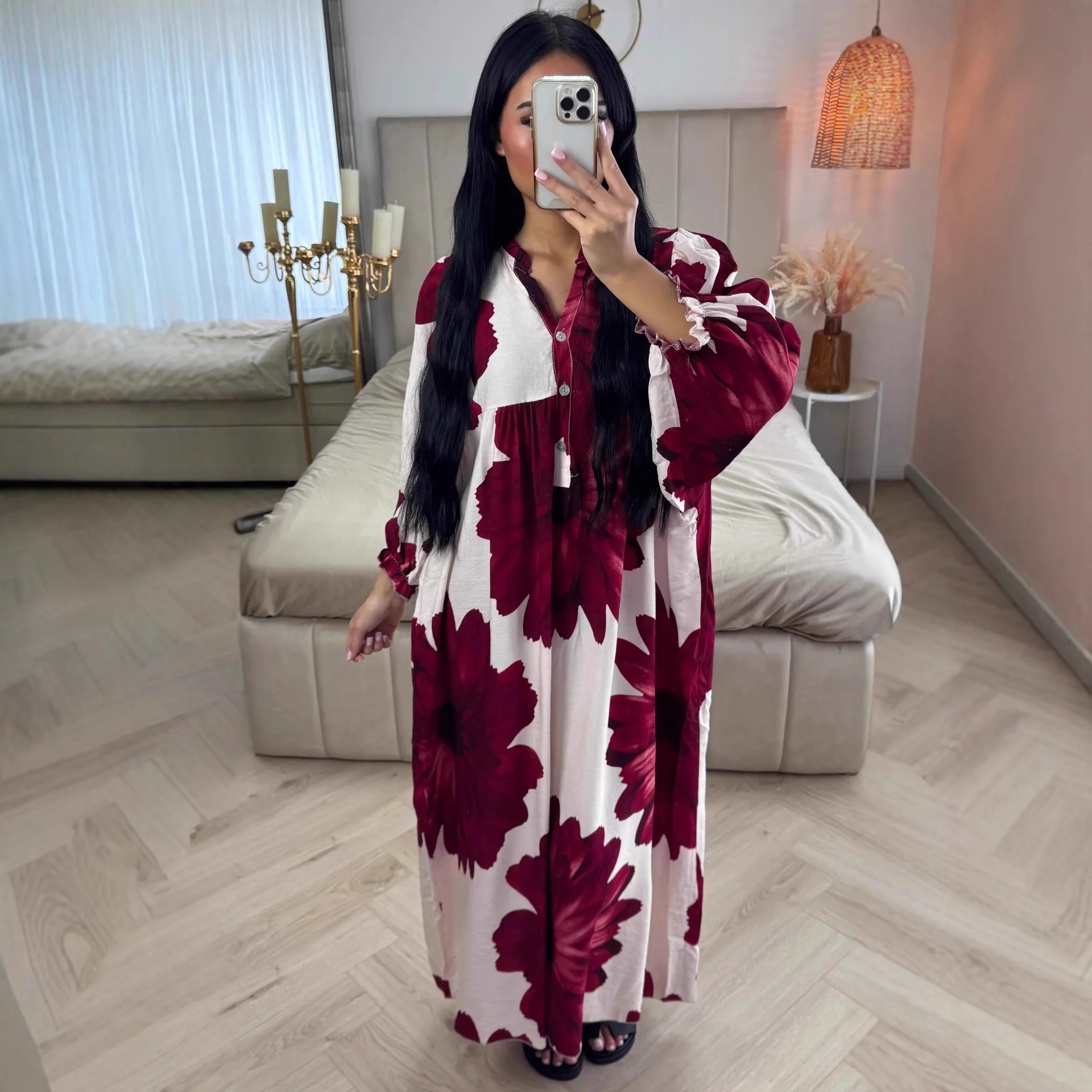 여성 봄 가을 보헤미안 드레스 새로운 패션 루즈핏 긴팔 플로럴 프린트 버튼 맥시 롱 드레스 여성용 로브