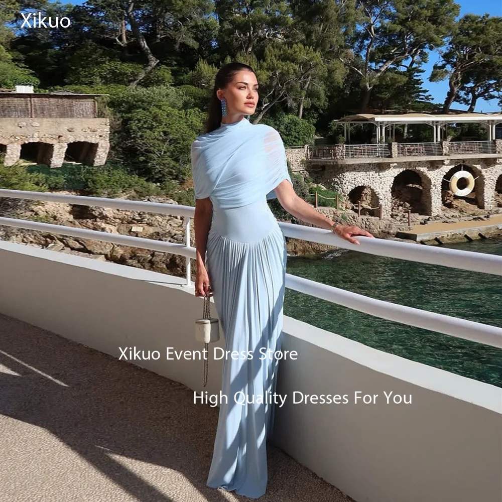 

Xikuo Sky Blue Chiffon Maxi Prom Gowns Mermaid Pleated Bohemia Robes De Soirée Off The Shoulder Beach Evening Dresses Customized