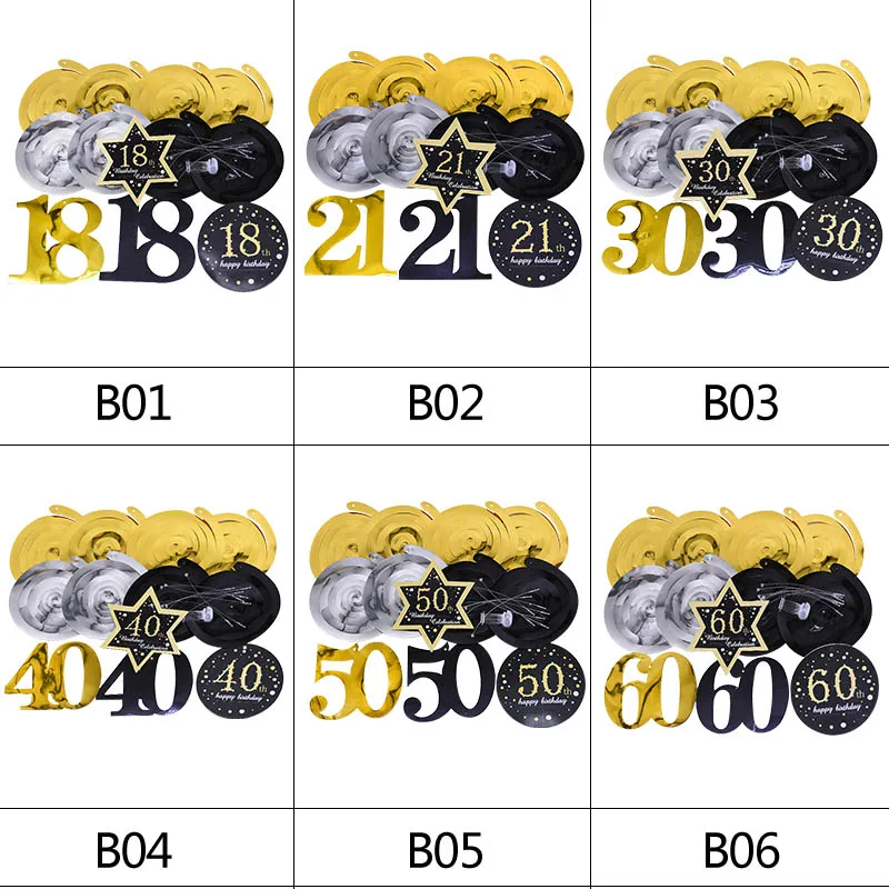 8pcs Ceiling Hanging Decor 18 21 30 40 50 60 Black Gold Spiral Garland PVC Swirl Banner Happy Birthday Party Decoration Supplies