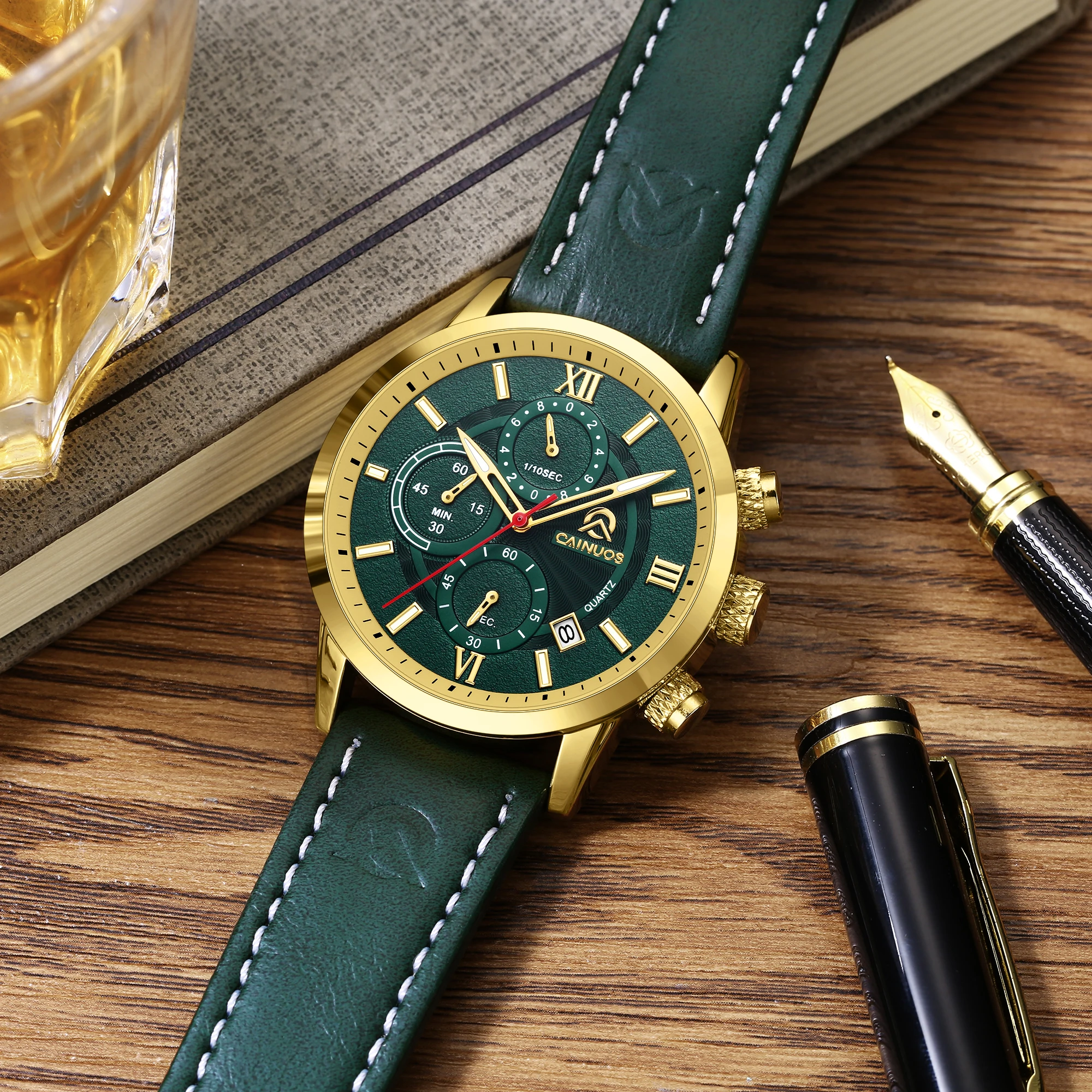 

CAINUOS Sports Luxury Men Quartz Watch Waterproof Chronograph Luminous Date Man Wristwatch Business Leather Men's Watches Clock