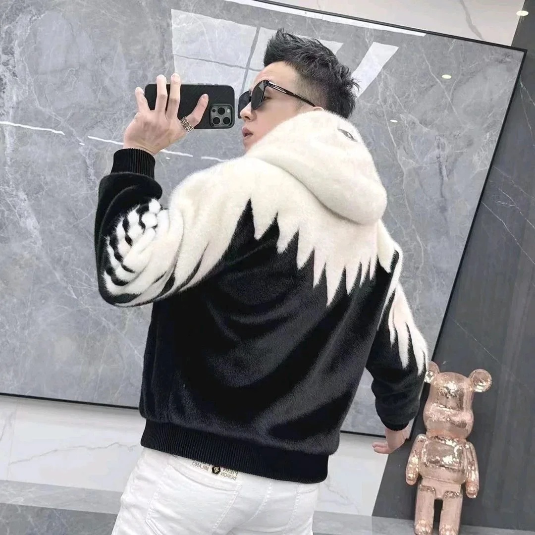 Chaqueta de piel sintética de retales de piel de visón dorada de invierno para hombre, chaqueta cálida con capucha gruesa, ropa de calle informal de negocios, abrigo Social