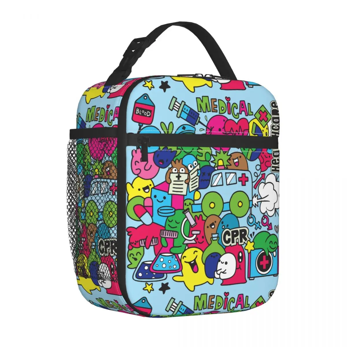 

Medical Healthcare Doodle Icons Cartoon Insulated Lunch Bag Large Meal Container Thermal Bag Lunch Box Tote Beach Travel Women