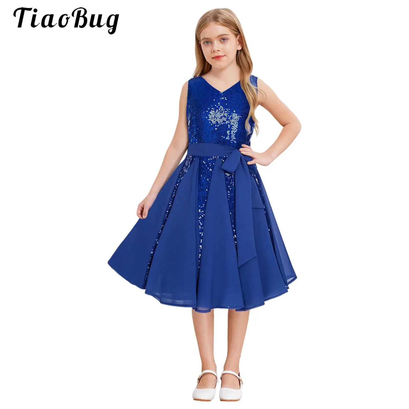 

Girls Sequin Dress Formal Party Elegant Fancy Girls Sleeveless Knee Length Dress for Birthday Evening Prom Banquet Wedding Gown
