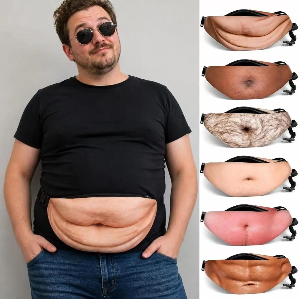 Funny 3D Belly Bum Pouch Flesh Color Dad Bod Style Belt Bag Fat Belly Shape Zipper Closure Shoulder Bags for Men