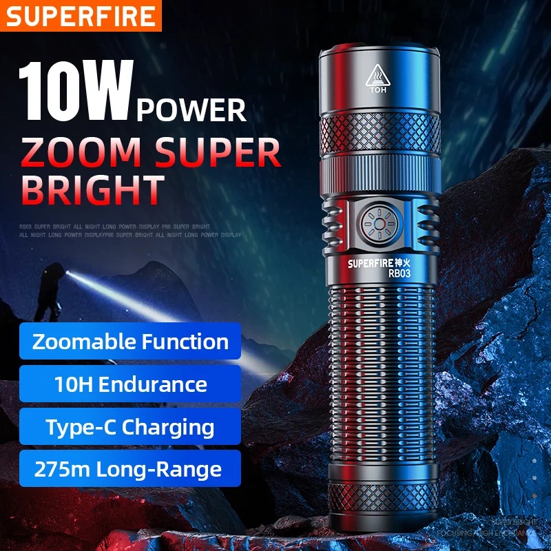 

SUPERFIRE RB03 Strong LED Flashlight 1000Lumen Zoomable Torch Type-C Rechargeable 5 Lighting Modes Long-Range Camping Lantern