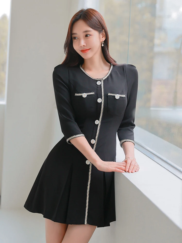 

New Fashion Formal Black Short Dress Women Elegant Sweet Single Breasted Folds Mini Gown Female Party Vestidos Street Clothes