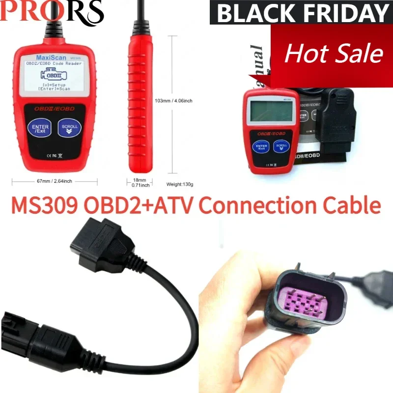 NEW OBD ATV Motorcycle Connection Cable OBD2 To 8 Pin Diagnostic Adapter+MS309 OBD2 Scanner Multi-languages Diagnostic Tool