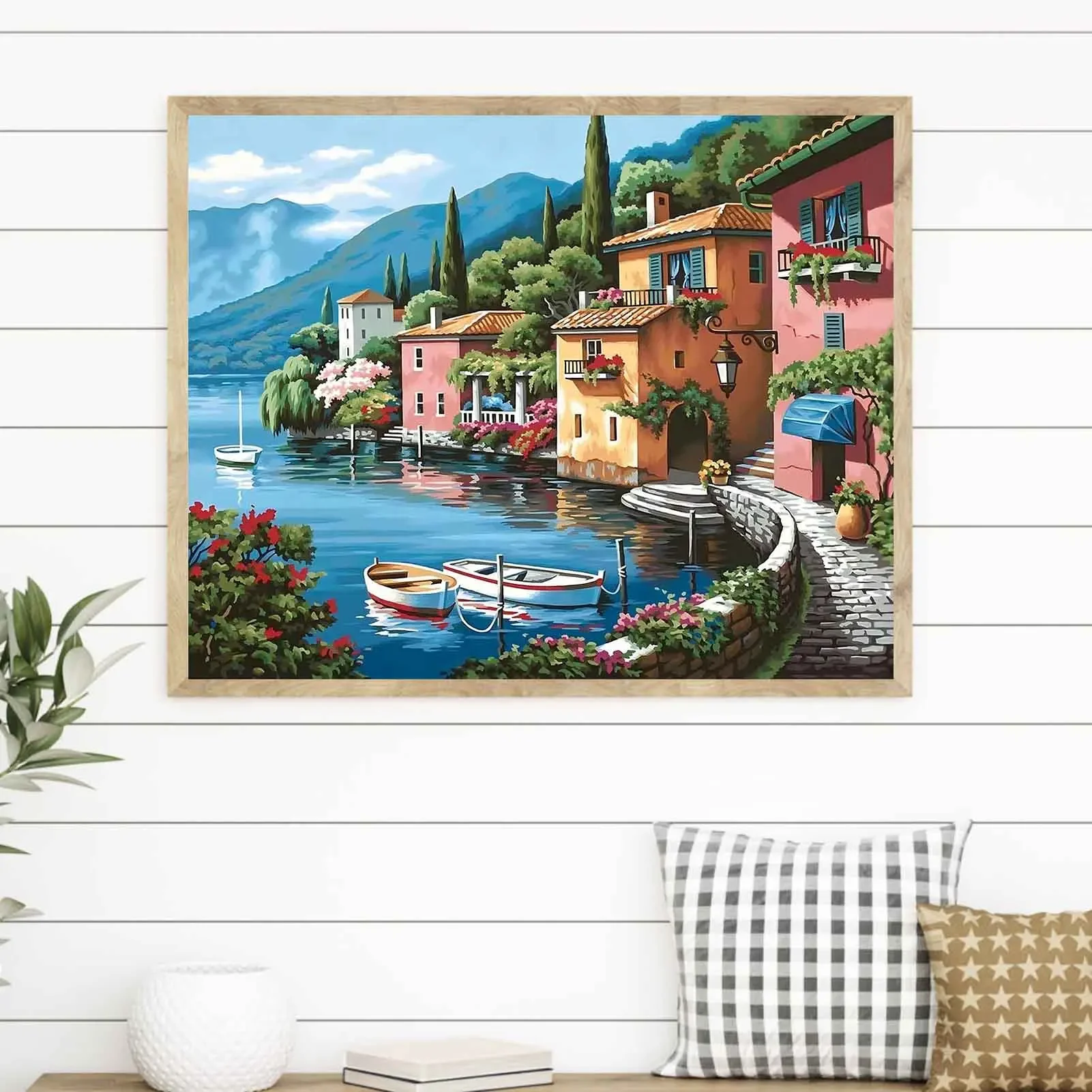 DIY Paint by Numbers Kit for Adults -Lakeside Town, Acrylic Digital Oil Painting Art on Canvas Wall Decor Gift No Frame