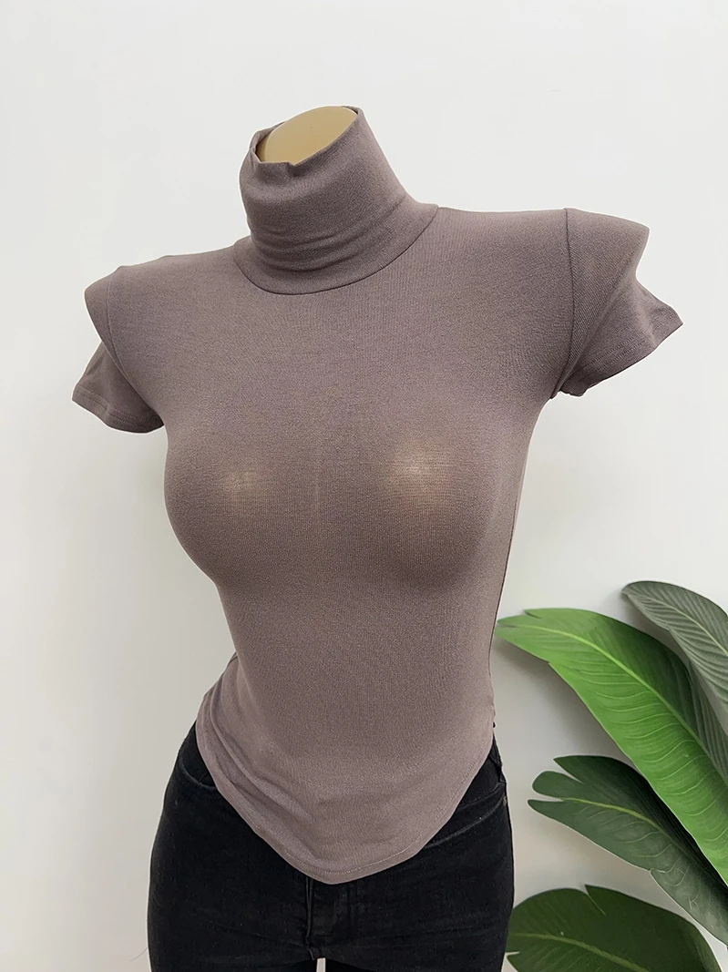 Sexy Slim Fit High Collar ort Sve T-irt Women's Soft Comfortable Thin Elastic Chest Enhancing Versatile High Ne or...