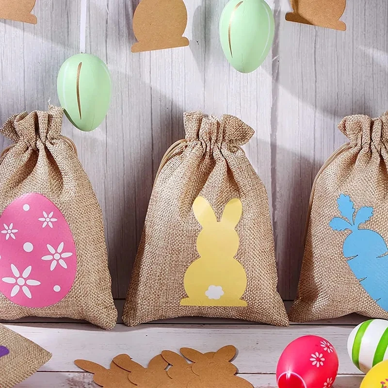 12burlap Bunny rabbit candy treat gift bags kid boy girl Egg Hunt Basket rustic country spring happy Easter party decoration