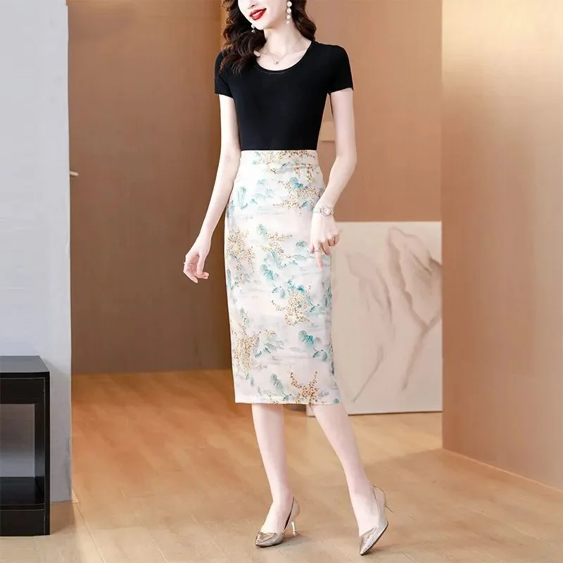

Новая весенне-летняя женская юбка с высокой талией, облегающая, А-силуэта, с принтом, в корейском стиле, повседневная, универсальная, для работы и отдыха