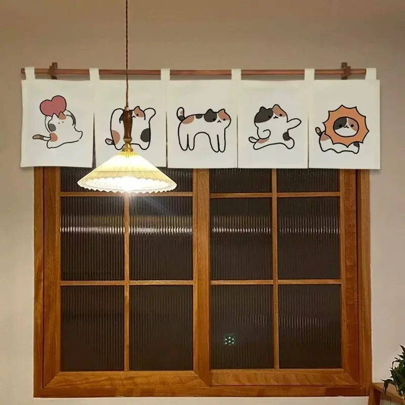VIKAMA Kawaii Kitten Window Valance Cute Cartoon Cat Pattern Fabric Short Hanging Curtain Kitchen Window Home Decor