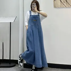 Embroidered Denim Strap Dresses Women's 2024 Summer New Korean Sweet Loose Pocket Medium Long Swing Jeans Dress