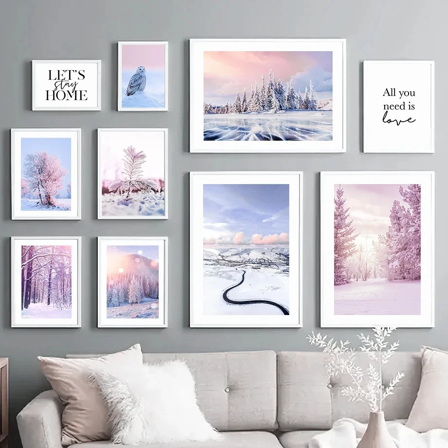 Snowy Forest Pine Tree Owl Hill Road Nordic Posters And Prints Wall Pictures For Living Room Decoration Wall Art Canvas Painting