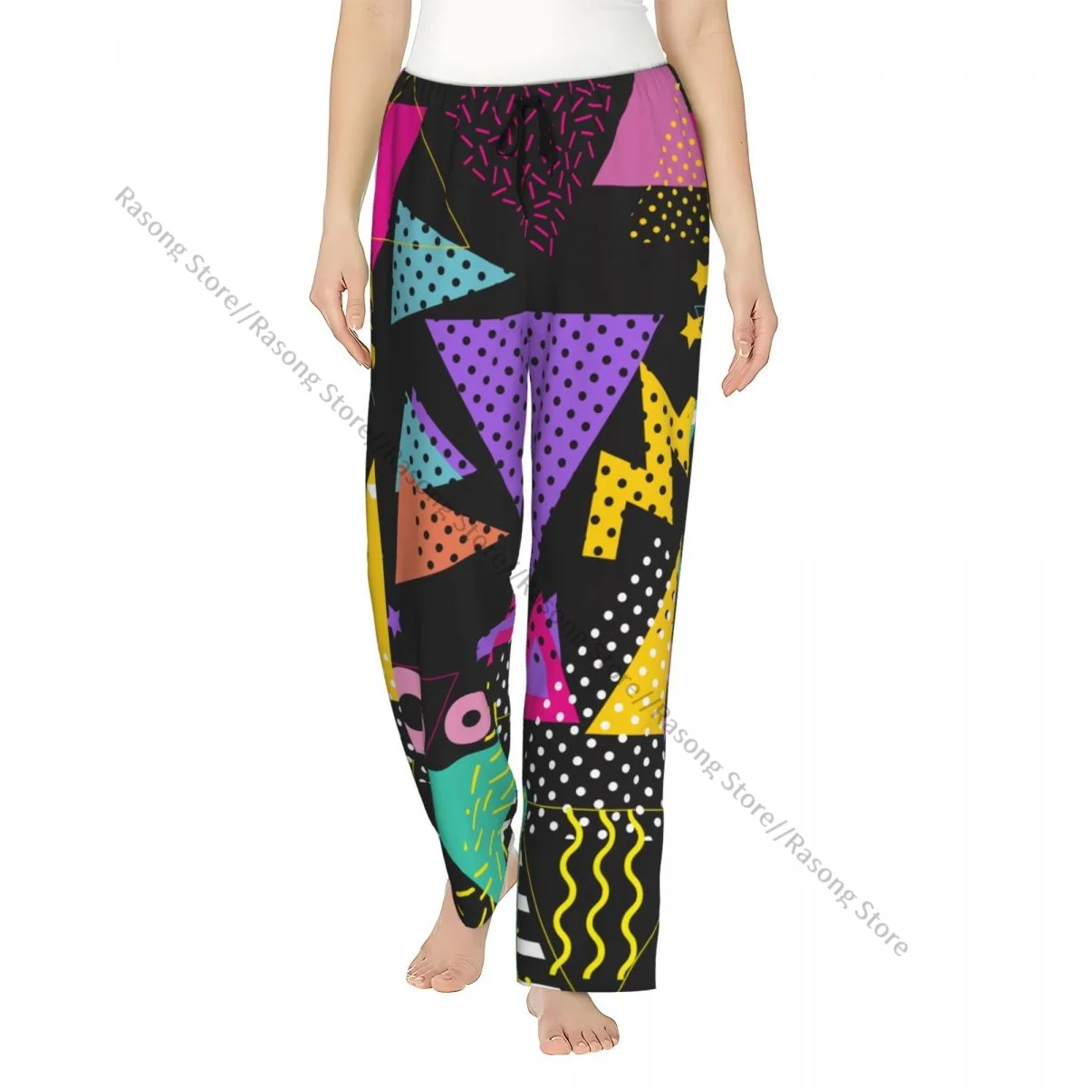 

Geometric Retro 80s Style Pop Art Triangles Women Sleep Pants Warm Flannel Lounge Pants for Winter Nights