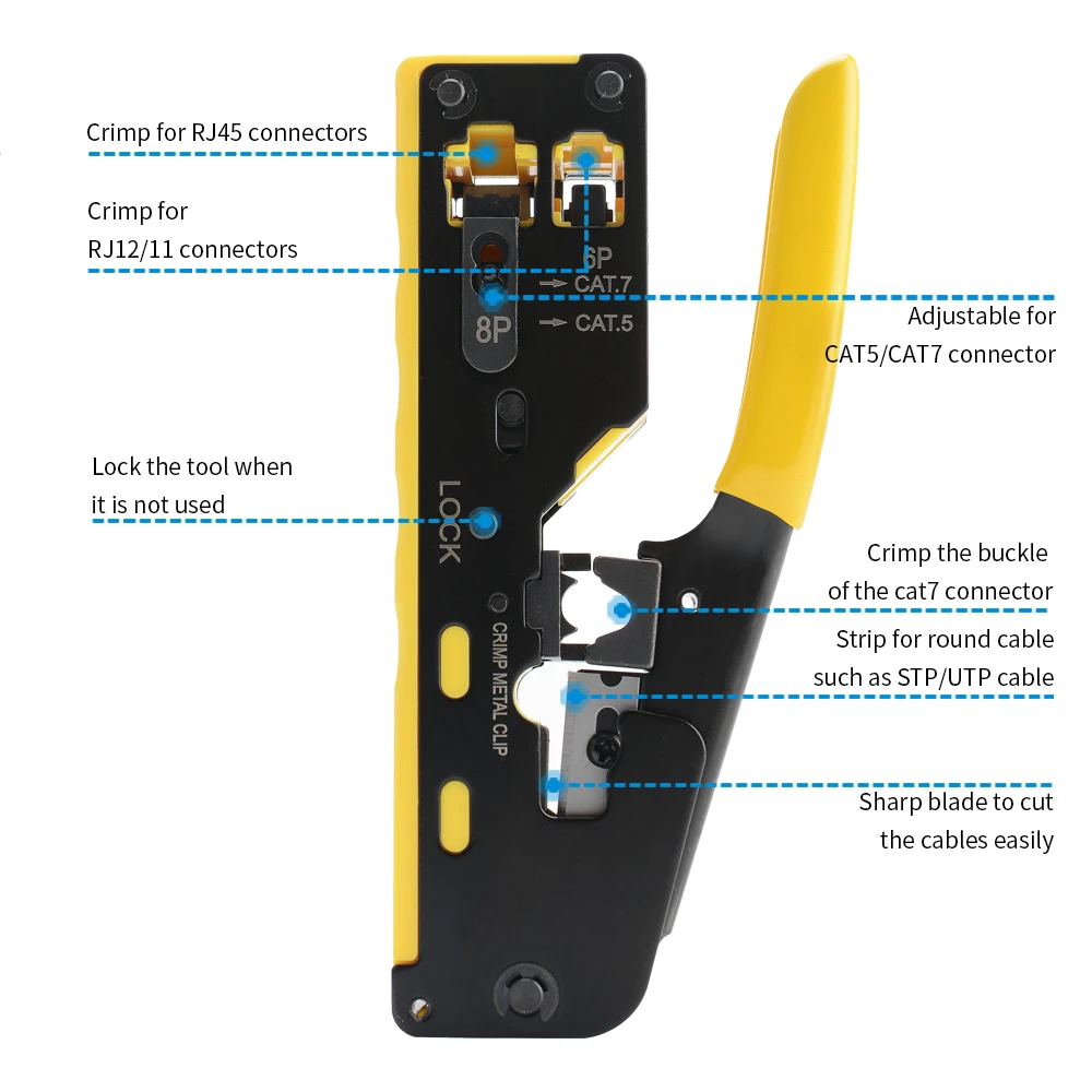 RJ45 Crimping Tool Kit Pass Through for Cat5e Cat6 Cat7 Cable with Wire Stripper Cutter Network LAN Crimper Pliers RJ12