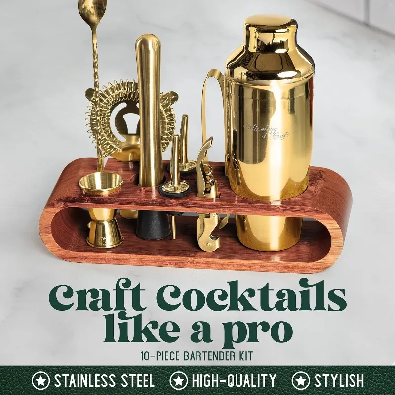 Bartender Kit: 10-Piece Bar Tool Set with Mahogany Stand | Perfect Home Bartending Kit and Martini Cocktail Shaker Set