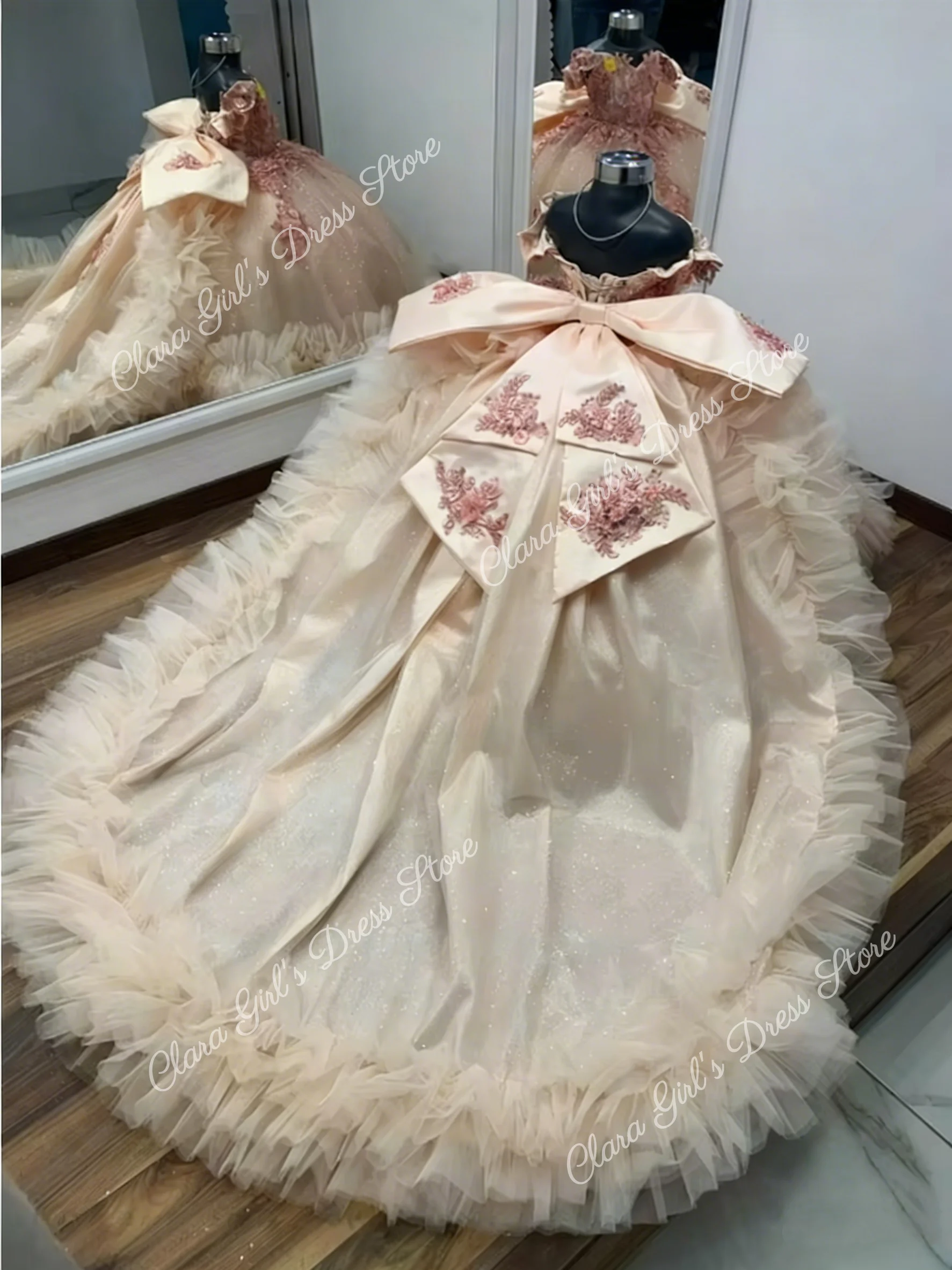 Kwaliteit licht champagne bloem meisjesjurk tule pluizig met applique voor trouwjurken kinderverjaardag avondjurken