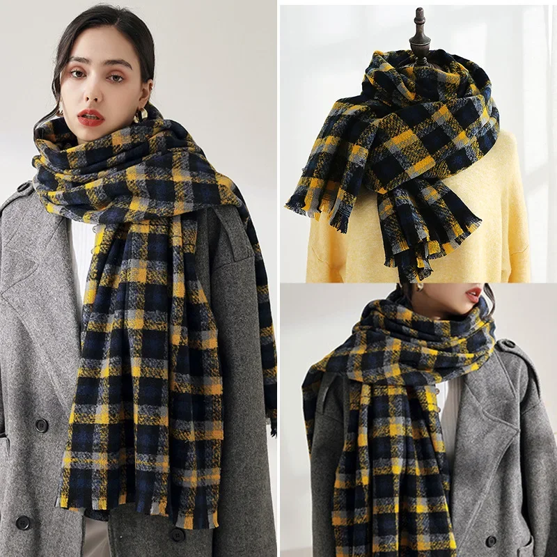 Fashion Luxury Grid Scarf for Women Winter Imitation Cashmere Thickened Warm Scarves Cold-proof Shawl Clothing Accessories Gift