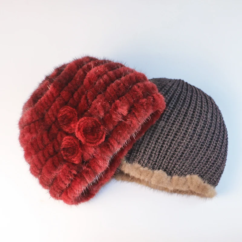 Gorro de punto de piel de visón natural real para mujer, gorro sin ala, hecho a mano, moda de invierno, novedad