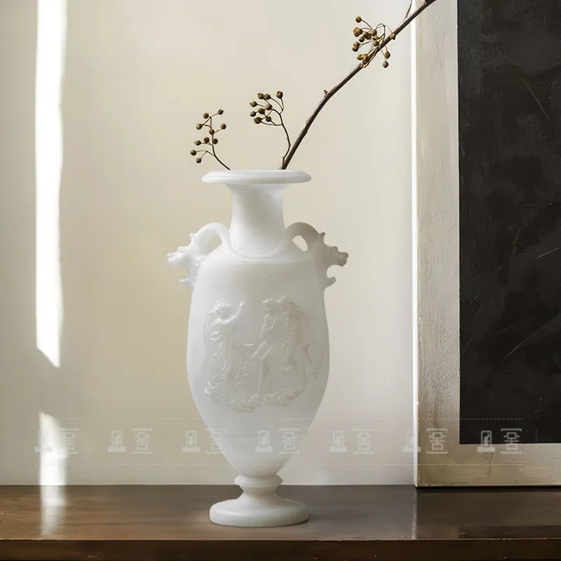 

PYH Modern Simple Mid-Age Imitation Jade Relief Art Flower Vessel Living Room Vase Decoration