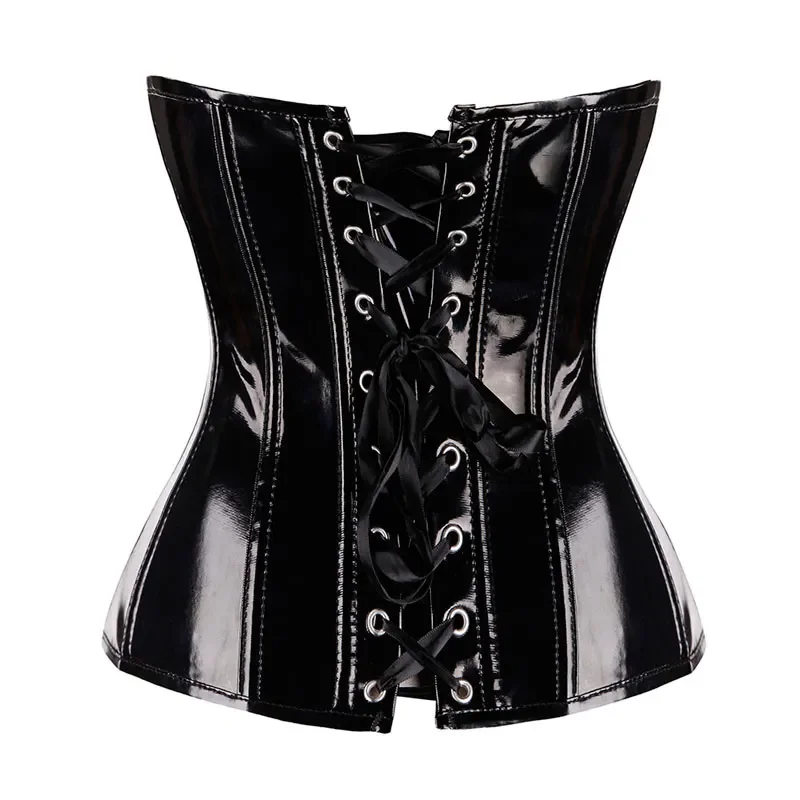 Black Glossy PVC Leather Corset Underbust Bustier Top Sexy Women Waist Cincher Punk Lingerie Shape Body Belt Plus Size Costume