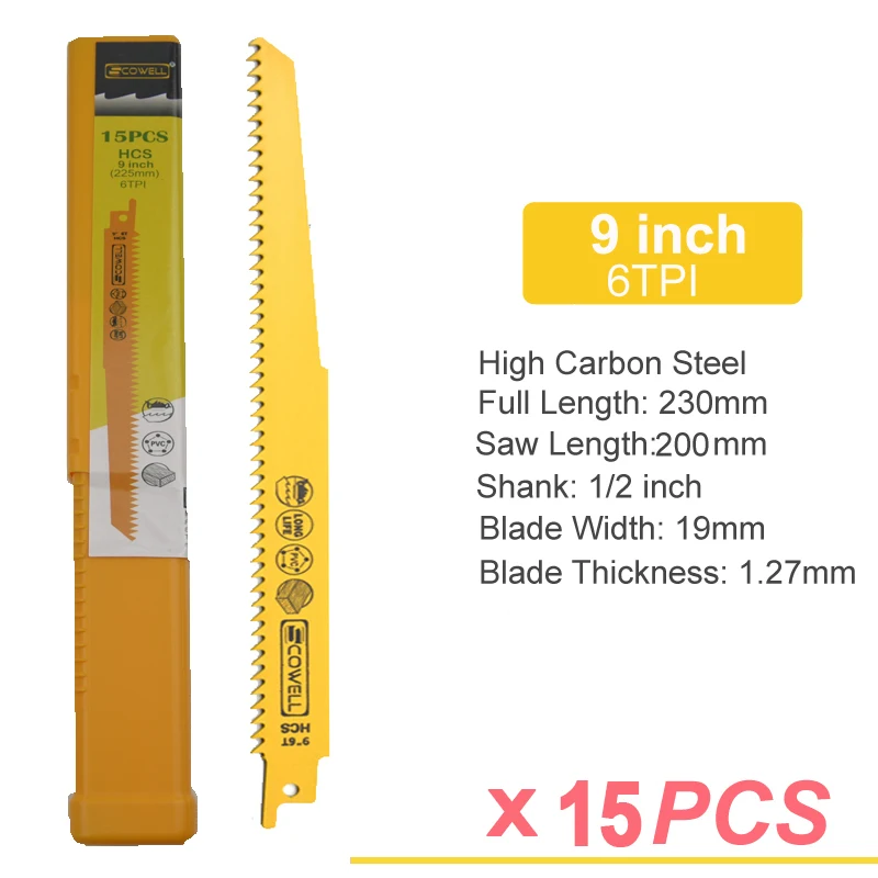 SCOWELL-High Carbon Steel Reciprocating Saw Blades, Sabre Saw Jigsaw Blade, Wood Plastic Recipe, 15 Packing, 9 ", 6TPI