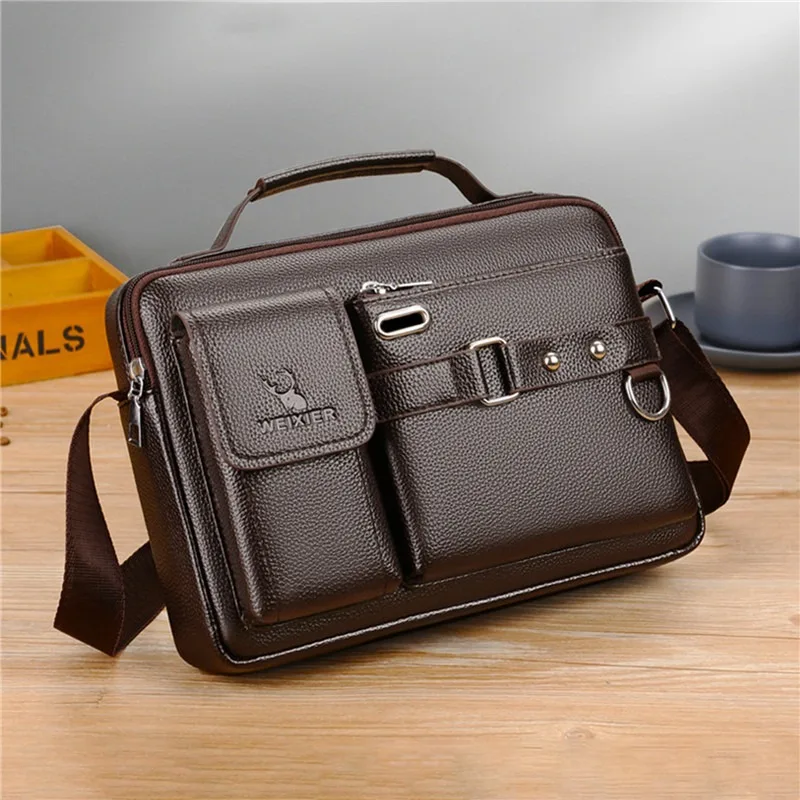 Large Capacity Men Shoulder Bag PU Leather Men\'s Messenger Bag Business Commuter Handbag Waterproof Wear-resistant Briefcase