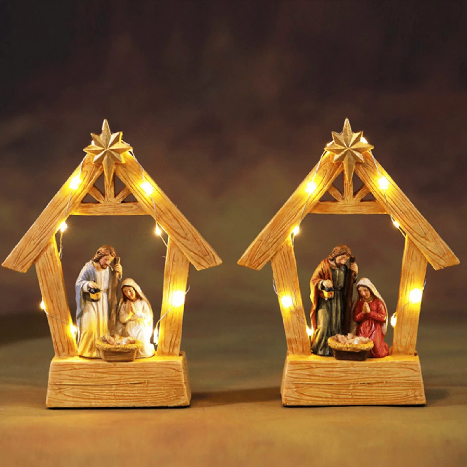 Natal presépio presépio mesa ornamento estável conjunto de natividade com luzes estátua da sagrada família manjedoura cena decoração para casa
