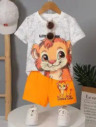 Boy's Cute Lion Pattern 2pcs Casual Outfit, T-shirt & Shorts Set, Boy's Clothes For Summer