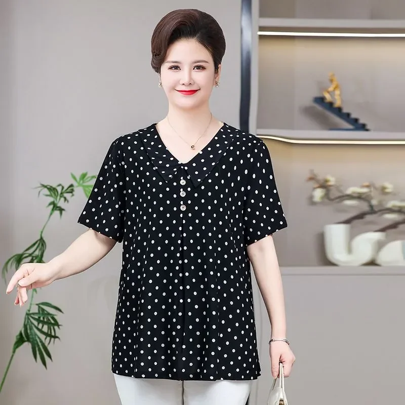 Women's Plus Size Polka Dot Peter Pan Collar Short Sleeve Blouse