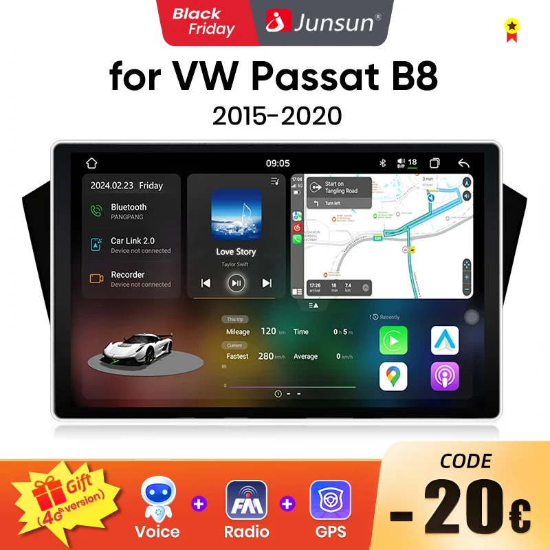 Junsun V3 Plus 2K Wireless CarPlay Android Auto Car Intelligent Systems for VW Volkswagen Passat B8 2015-2020 Autoradio