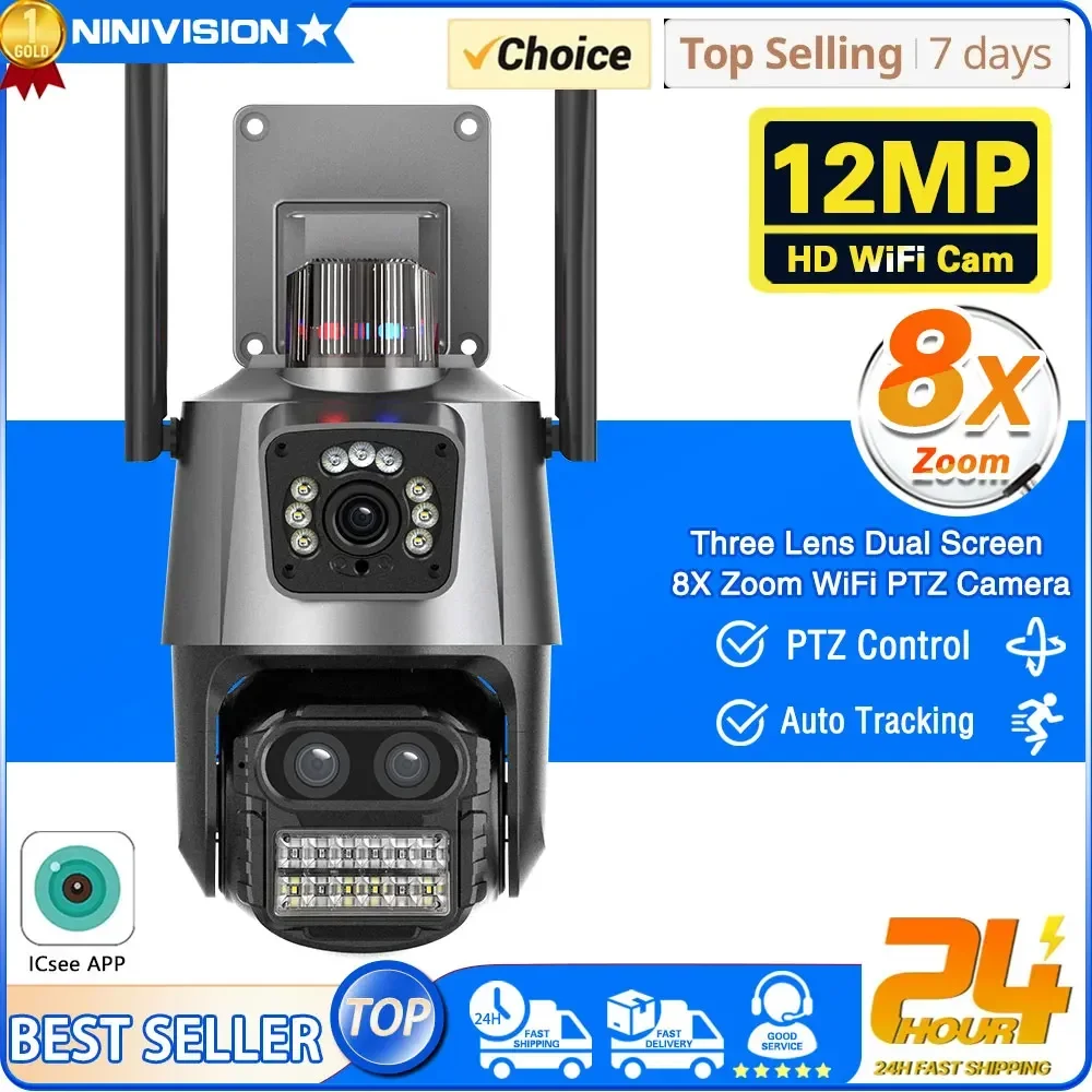 

6K 12MP WIFI IP Camera Three Lens 8X Zoom Outdoor PTZ Camera 8MP HD AI Auto Tracking Security Camera P2P CCTV Surveillance iCSee