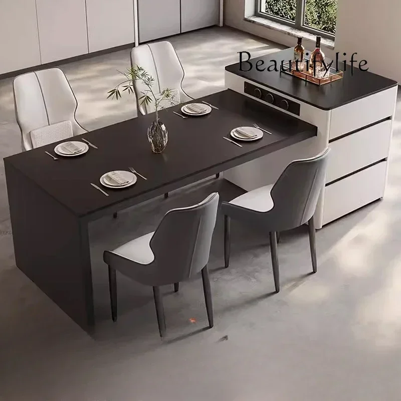 

High-grade rock slab island dining table integrated, retractable household small guide table plus dining table integrated