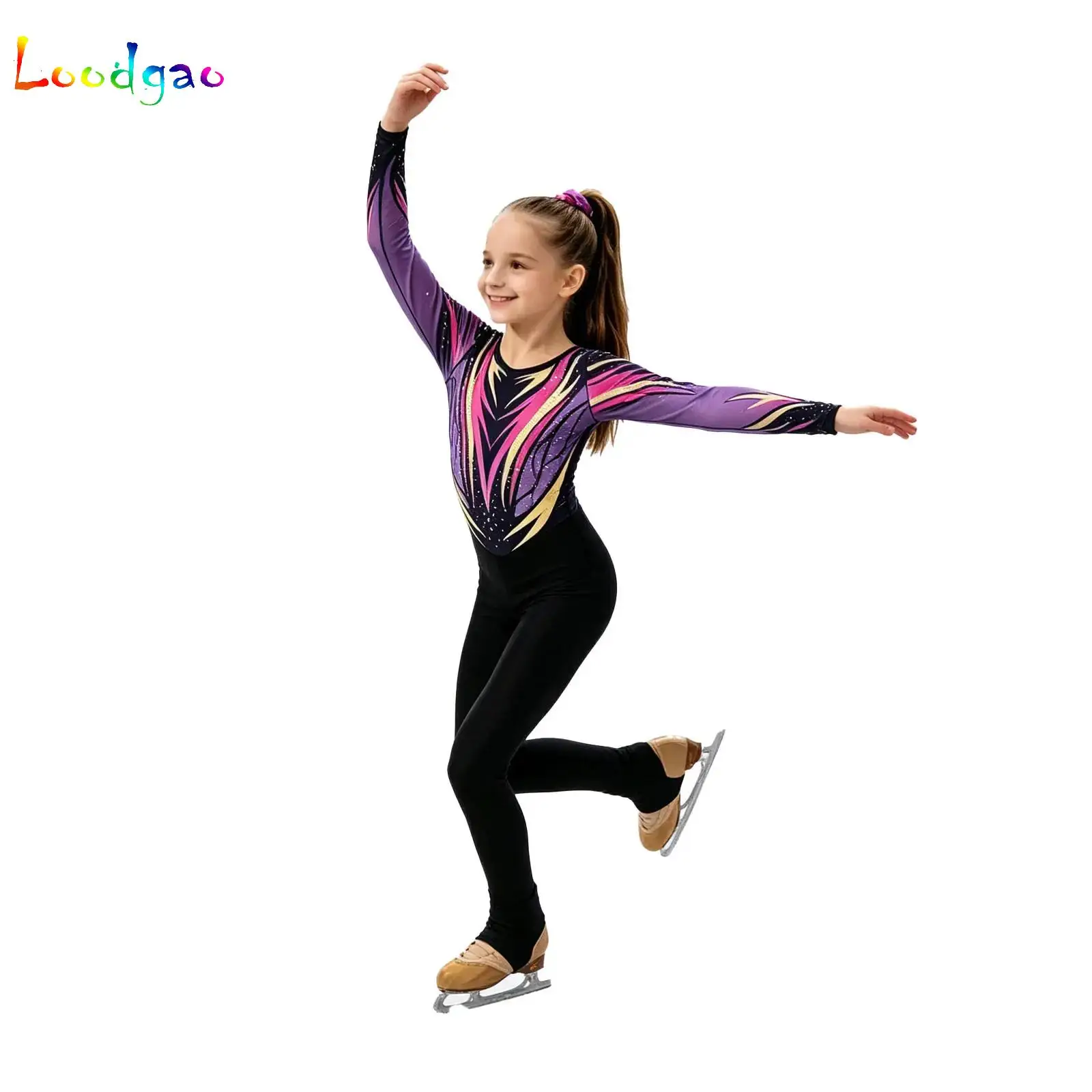 Kids Girls Contrast Color Ballet Full Body Leotard Dance Bodysuit Long Sleeve Gymnastic Stirrup Jumpsuit for Ballerina Outfits
