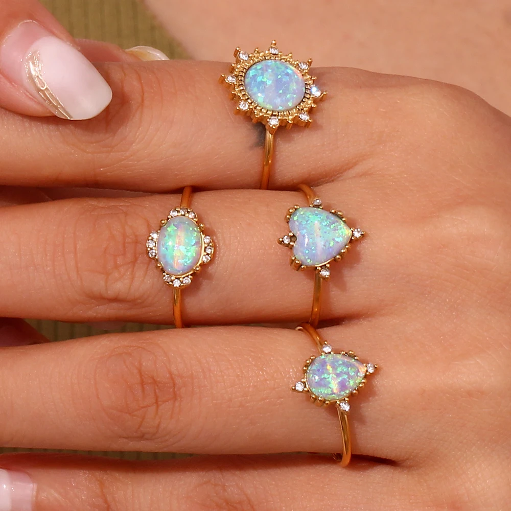 Adjustable Circle Heart Sun Waterdrop Natural Opal Stone Rings For Woman Stainless Steel PVD Plating Waterproof Gemstone Ring