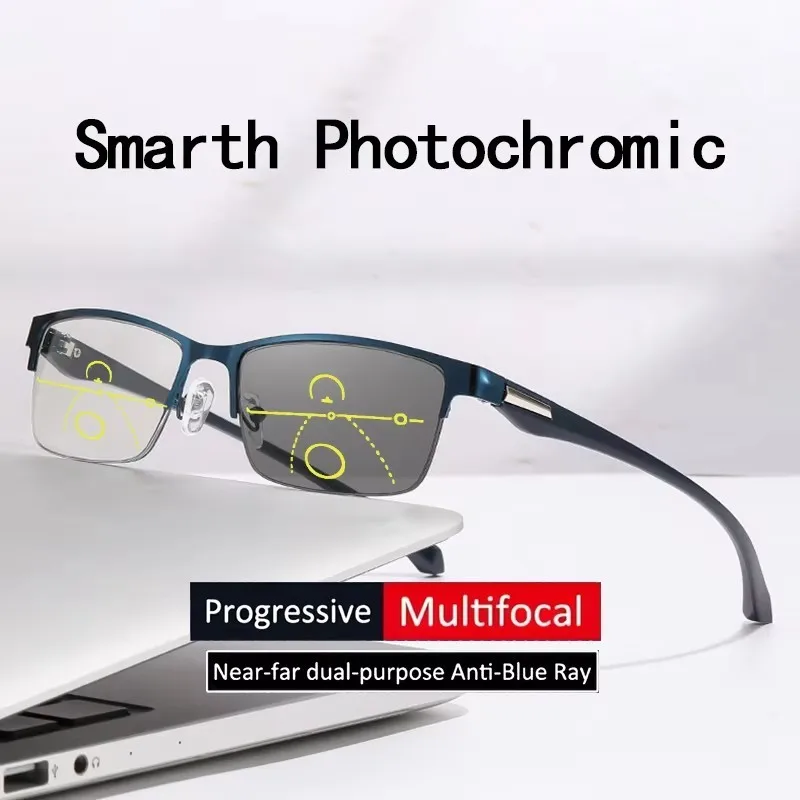 Herren Damen Progressive Lesebrille Photochromatische Anti-Blaulicht Presbyopie-Brille Halbrahmen Metallgestell 1,00 bis 4,00 Dioptrien – Detail 7